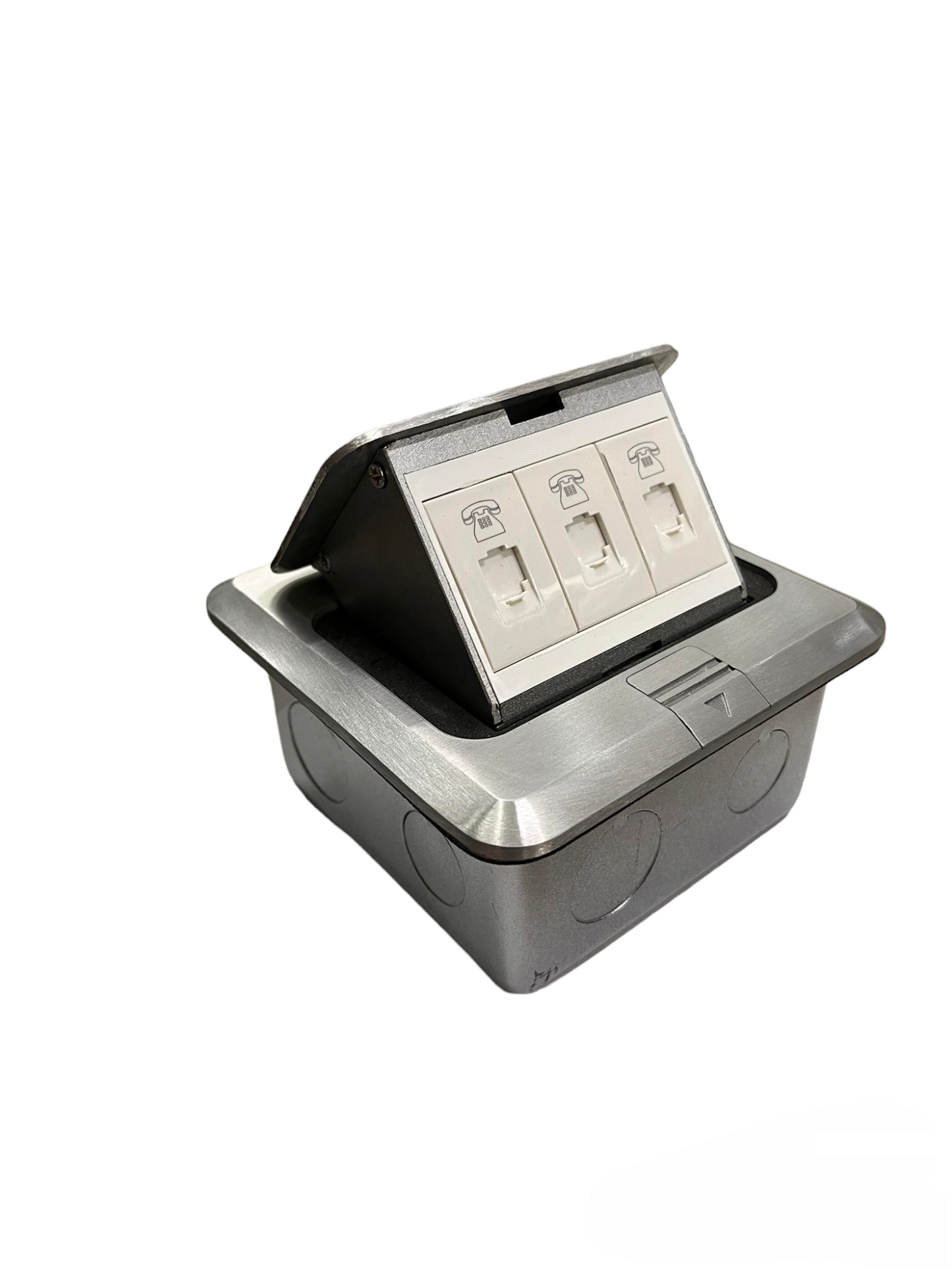 T&J Voice Pop Up Floor Outlet with three telephone ports in a stainless steel enclosure