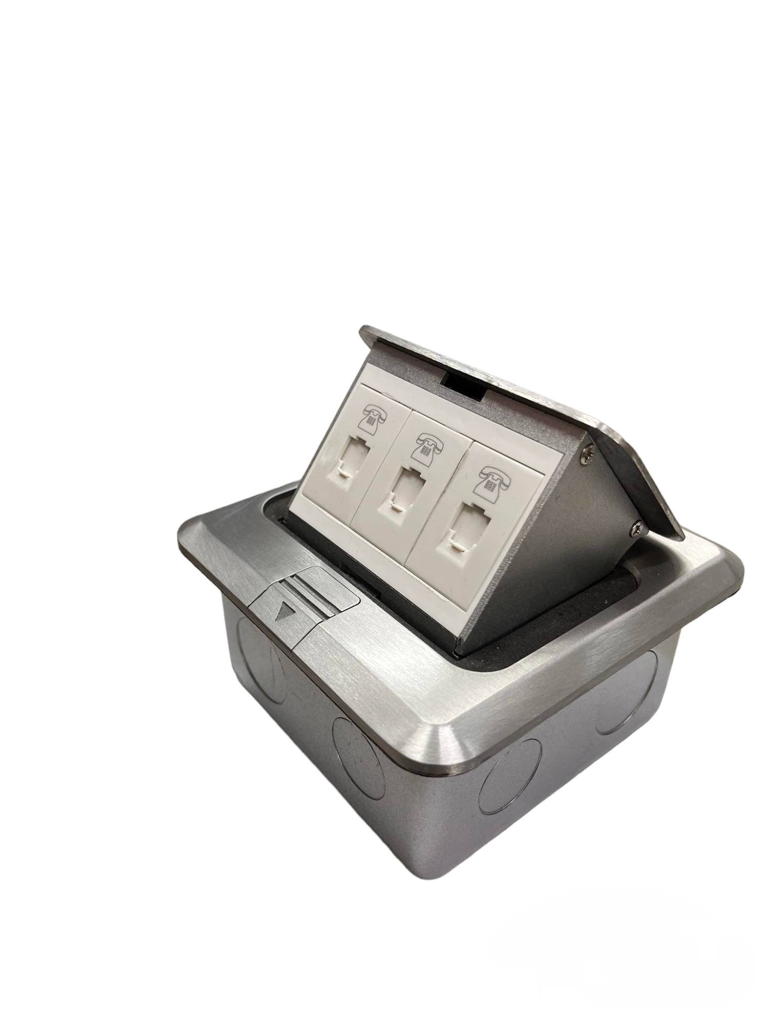 T&J Voice Pop Up Floor Outlet with three telephone plug sockets in stainless steel finish