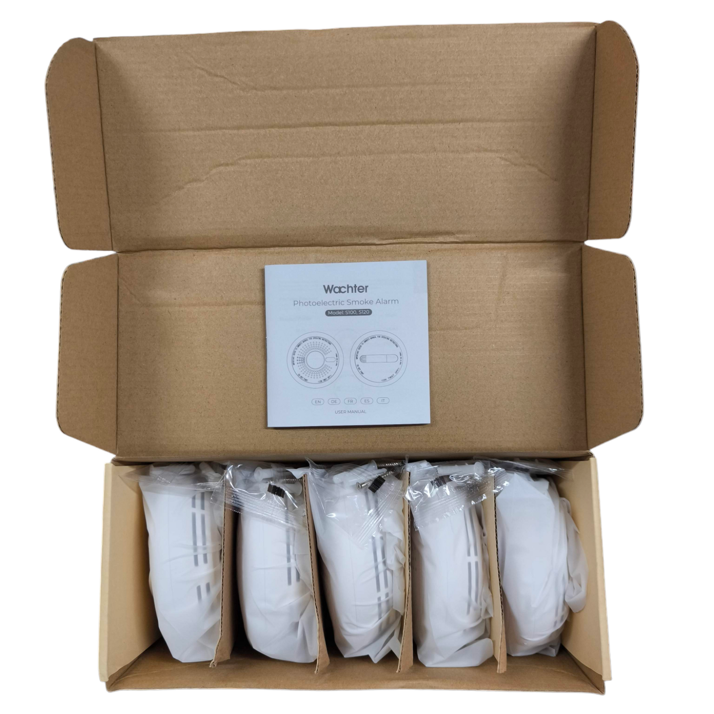 Wachter Photoelectric Smoke Alarm Watcher packaged neatly in a box with user manual included