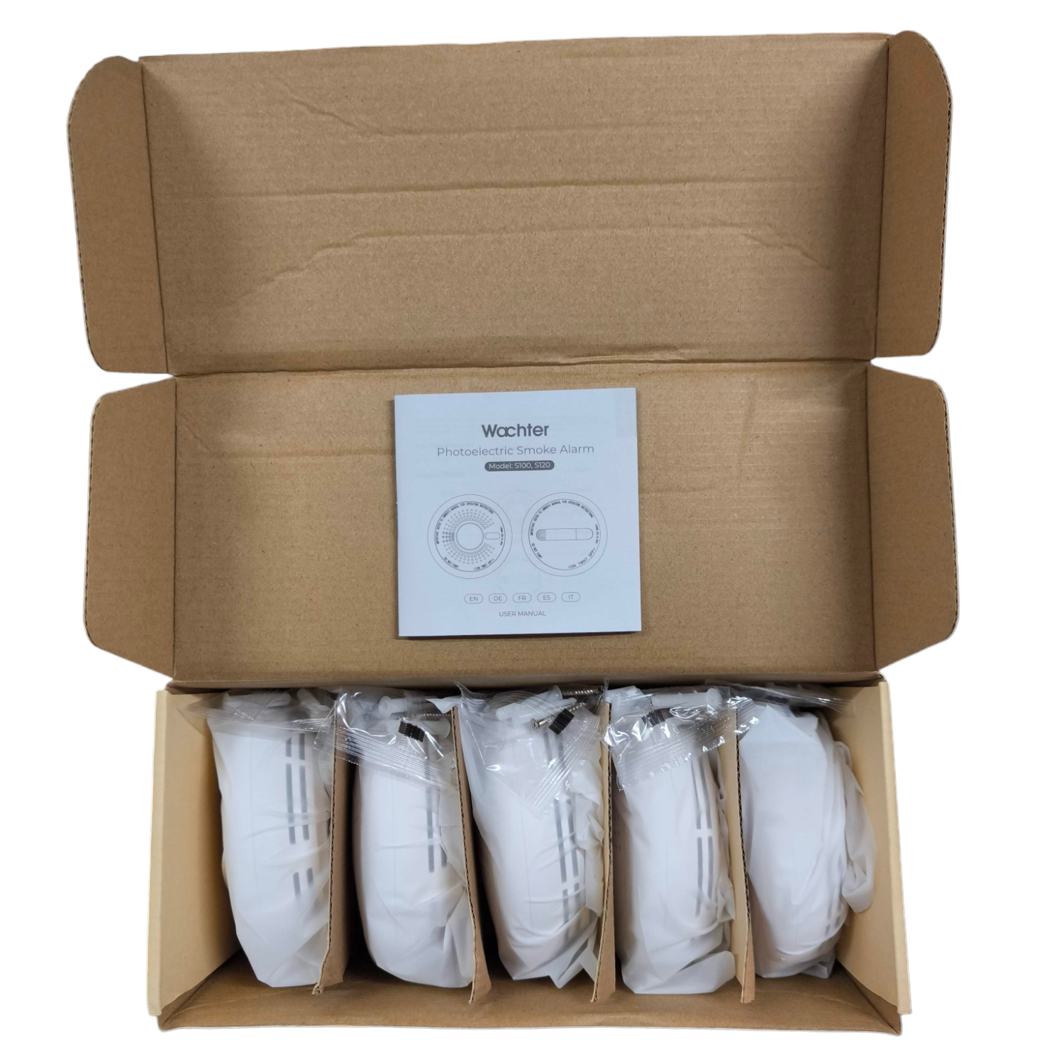Wachter Photoelectric Smoke Alarm Watcher packaged neatly in a box with user manual included