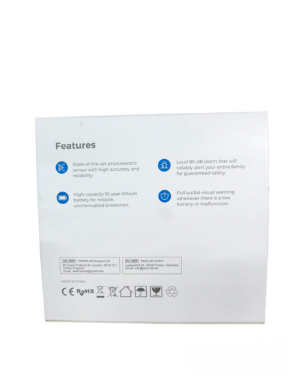Photoelectric Smoke Alarm Watcher packaging showing features of the smoke detector with 10-year battery and loud alarm