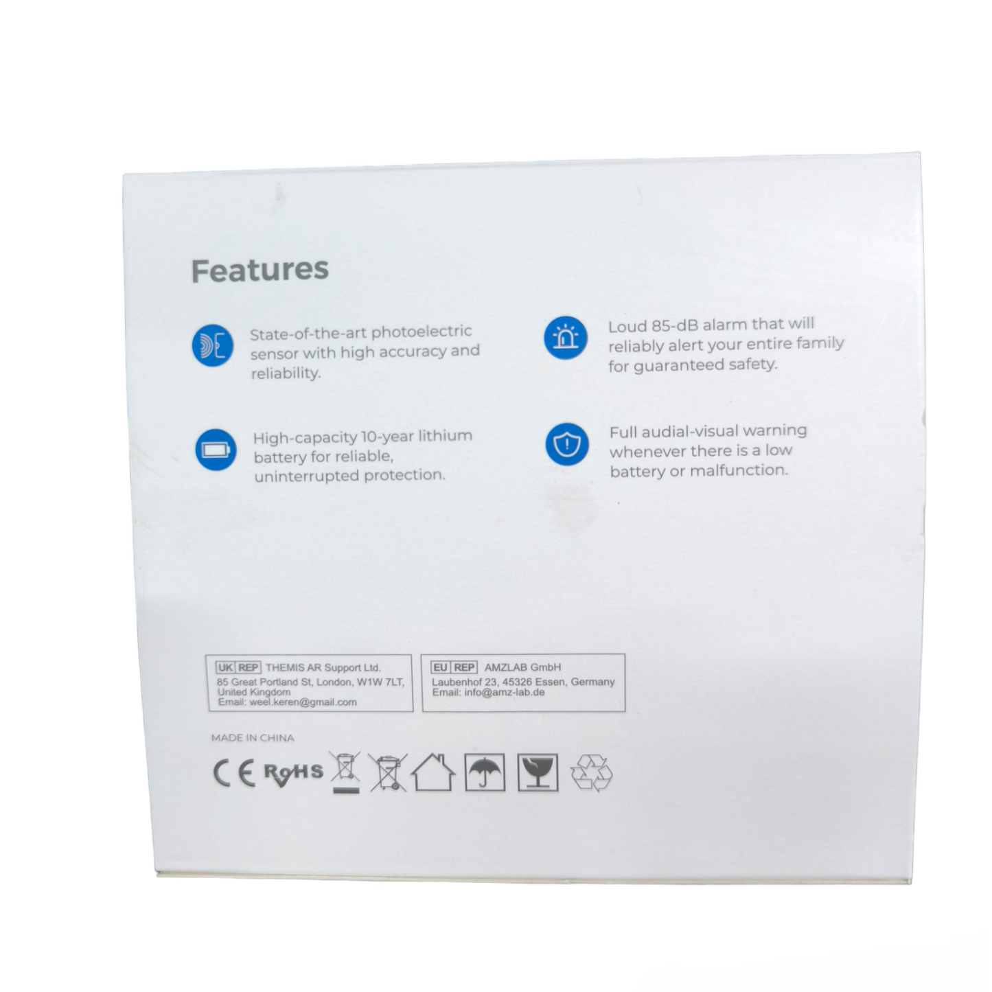 Features of the Photoelectric Smoke Alarm Watcher highlighting its reliability and long battery life