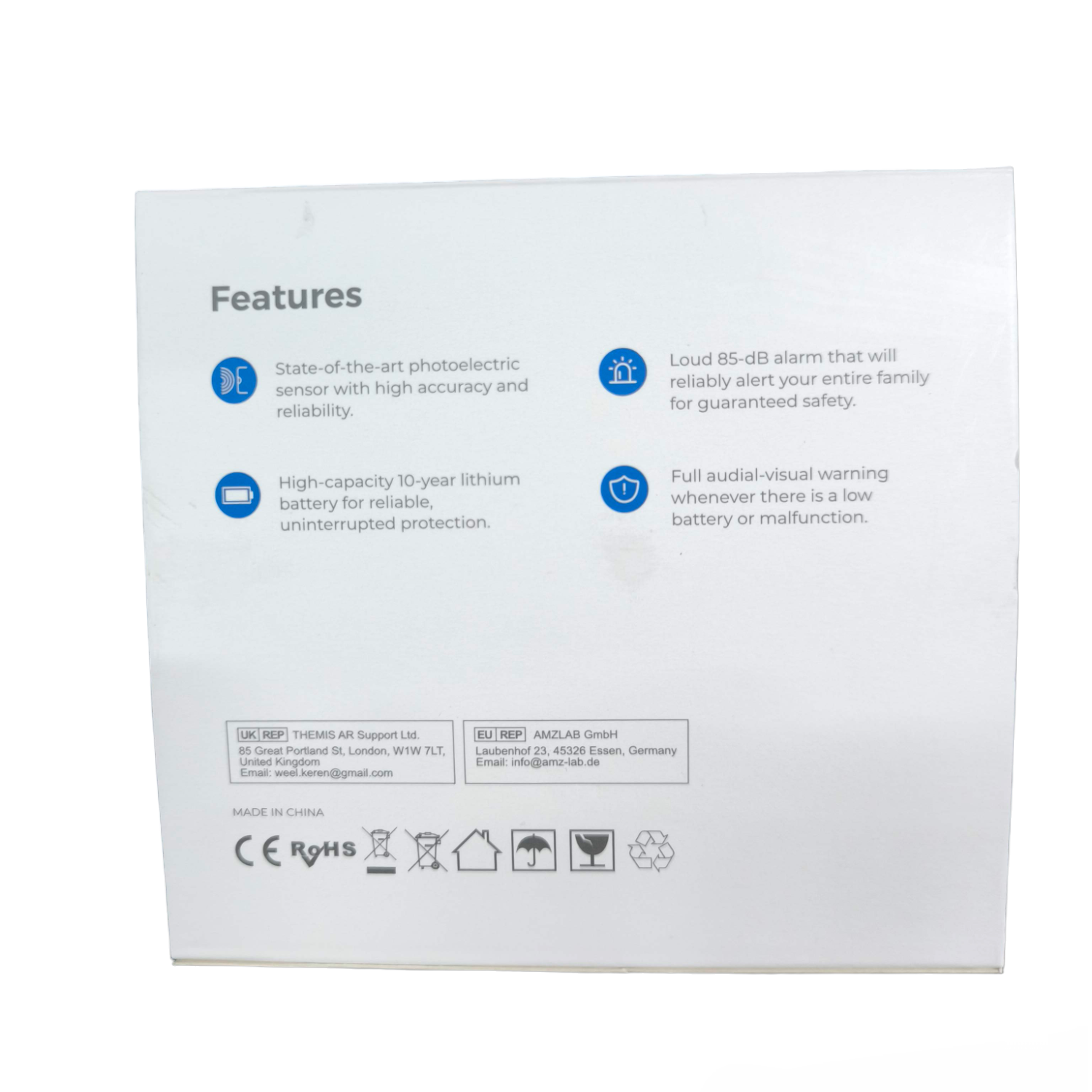 Features of the Photoelectric Smoke Alarm Watcher highlighting its reliability and long battery life