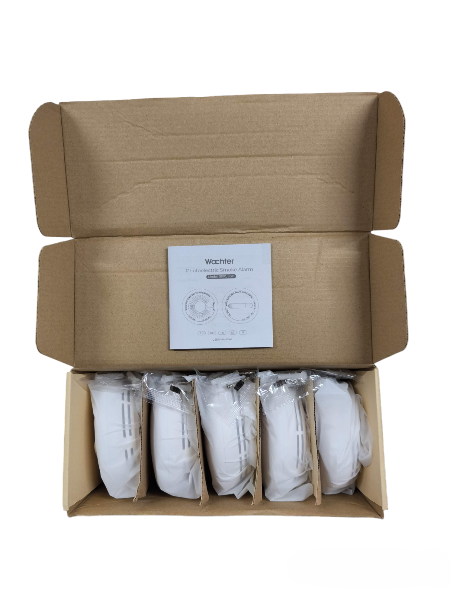 Photoelectric Smoke Alarm Watcher five-pack security system devices in open cardboard box with user manual
