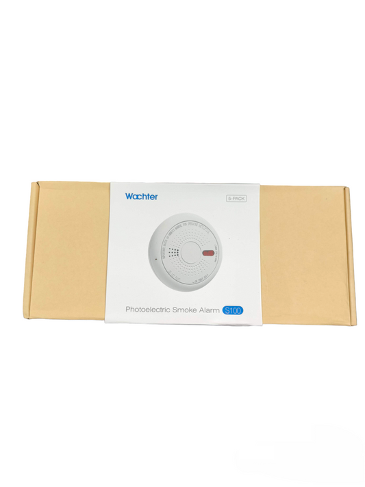 Photoelectric Smoke Alarm Watcher S100 in beige packaging for home fire safety