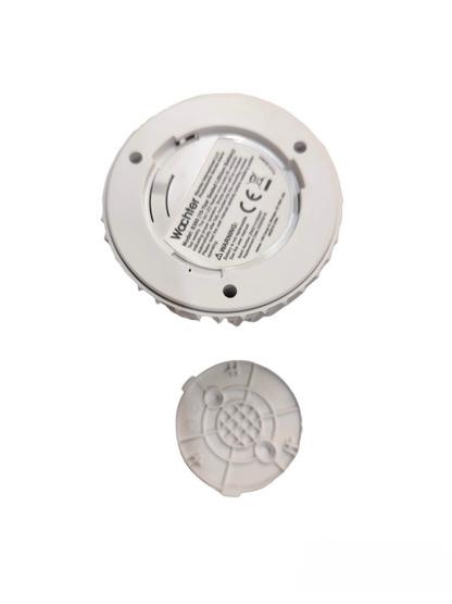 Watcher photoelectric smoke alarm with battery showing back view and mounting plate for security system