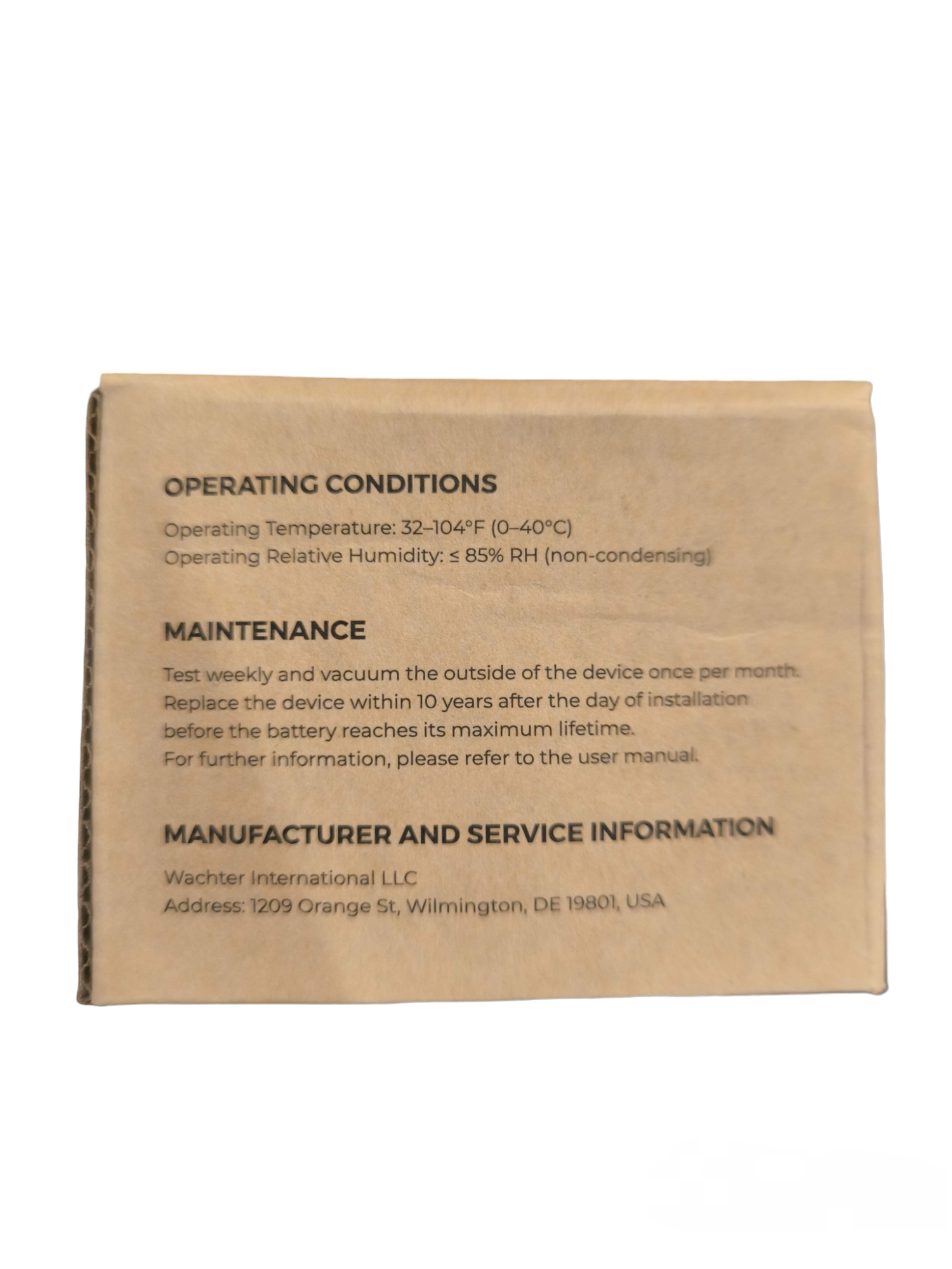 Watcher Photoelectric Smoke Alarm With Battery packaging box showing operating conditions and maintenance instructions
