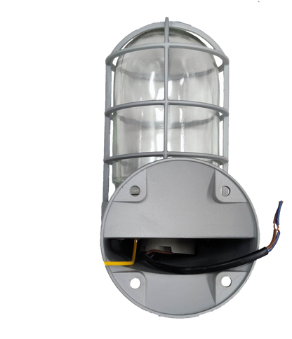 Biglite wall mounted vapor lamp with protective metal cage and clear glass cover for incandescent bulbs