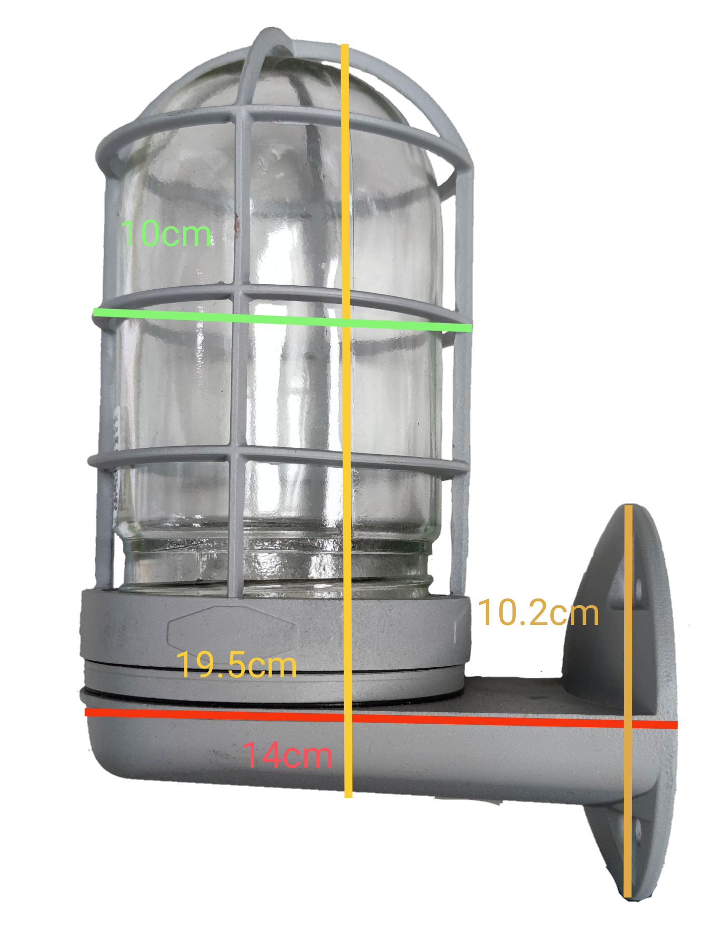 Biglite wall mounted vapor lamp with protective cage and glass cover measuring 10 cm height
