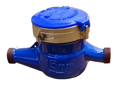 Blue and gold Water Meter Metal Die Cast with dual pipe connectors for fixture parts and valves