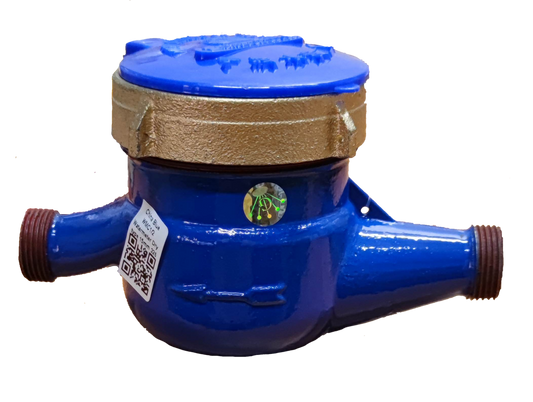Water Meter Metal Die Cast in blue and brass finish with threaded pipe connections for fixture parts and valves