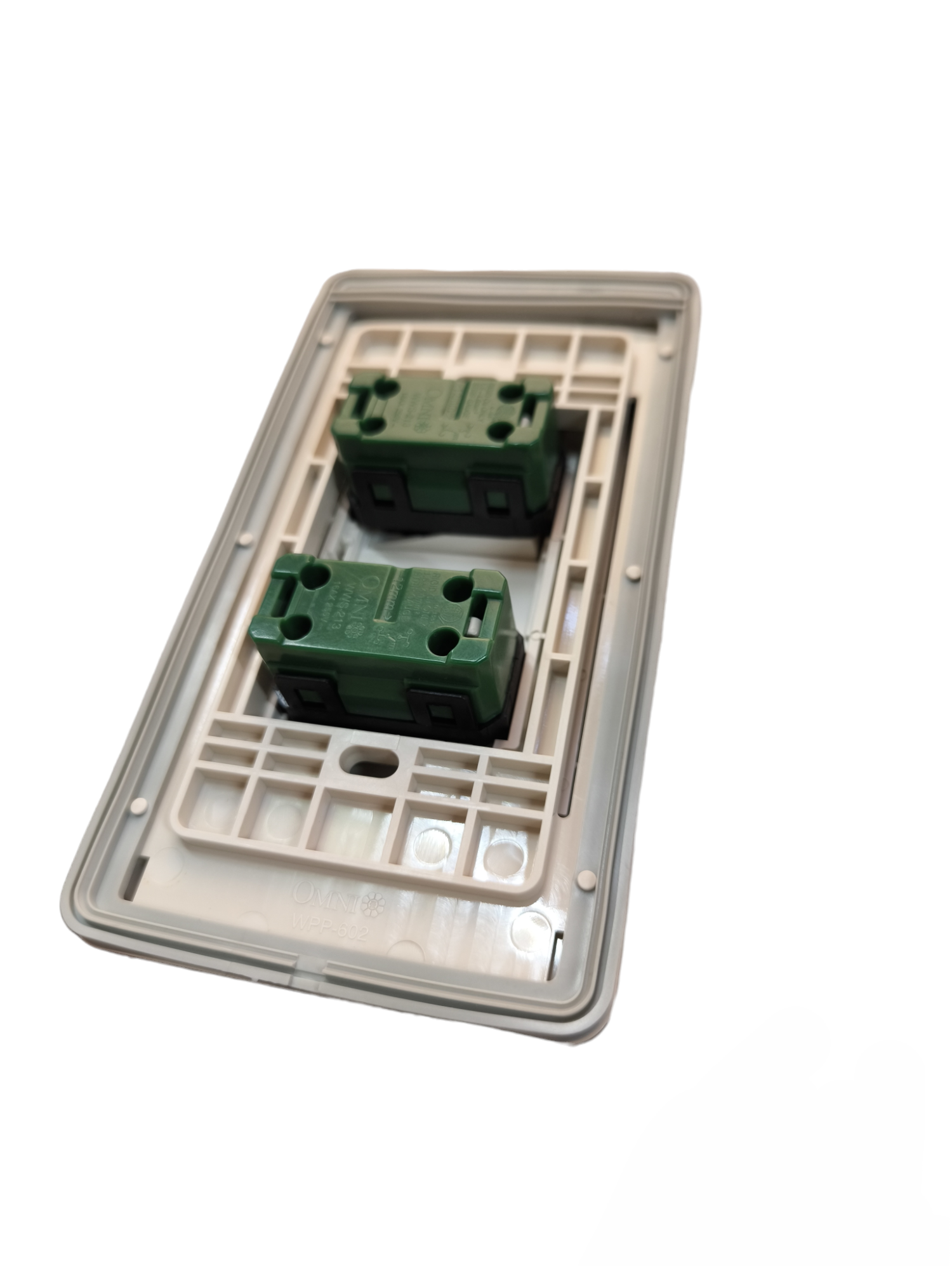 Omni weatherproof 2 gang switch 16A 250V with a durable exterior for outdoor electrical use