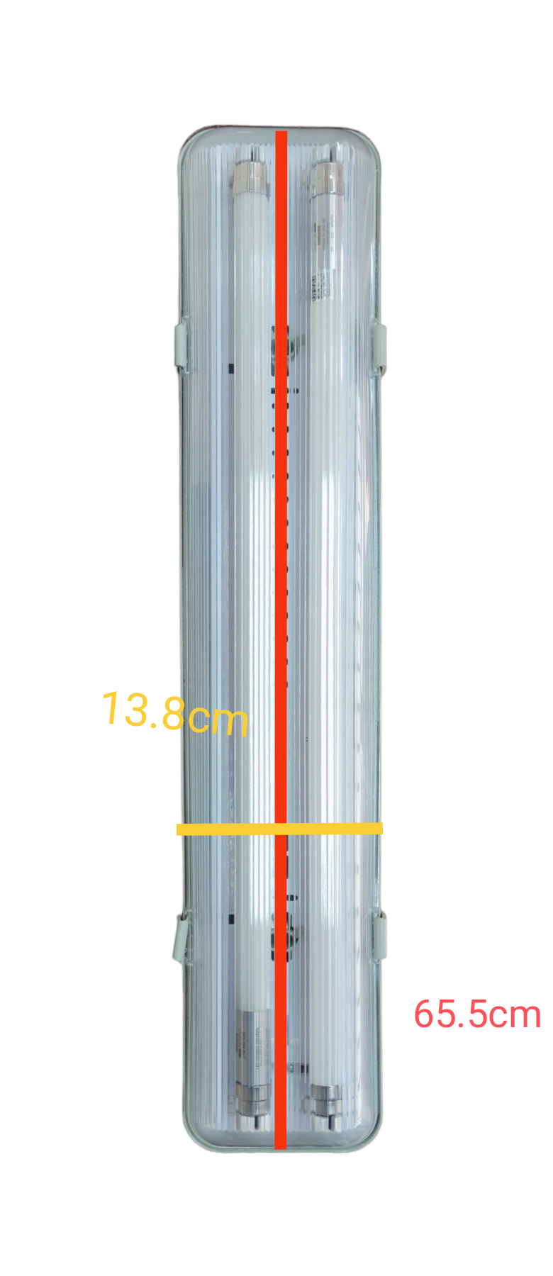 Opple weatherproof LED fluorescent fixture with dual tubes, measuring 65.5cm by 13.8cm for outdoor use
