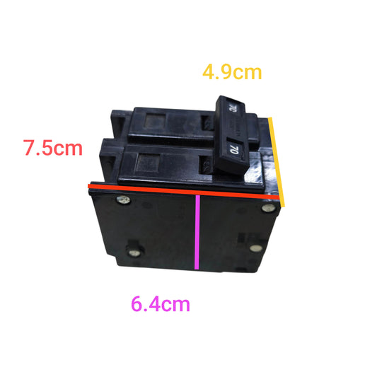 Westinghouse 70A 2 pole circuit breaker measuring 7.5cm x 6.4cm x 4.9cm, ideal for electrical safety