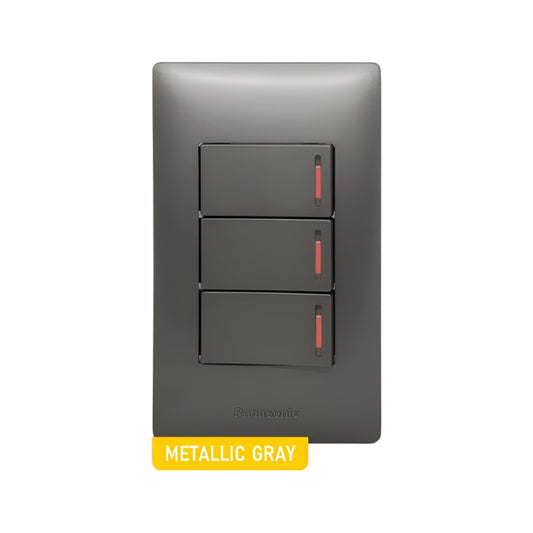 Panasonic Illuminated 3 Gang 1 Way Switch 3 Device Slim Art Series Metallic Gray WSAG6803MH-1/3XWSAG5571MH-5
