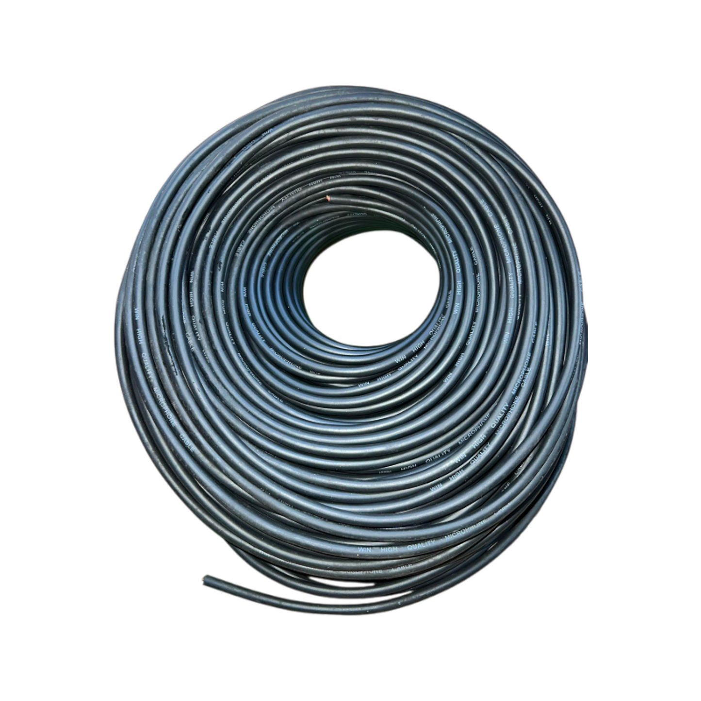 Coiled Win Microphone Cable in black, ideal for professional audio setups and sound systems