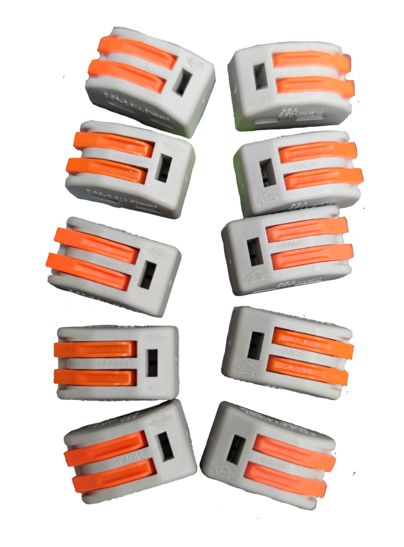 Set of 10 wire connectors Wire Connector 32A 250V 0.08-2.5mm 4.0mm with orange levers on black background
