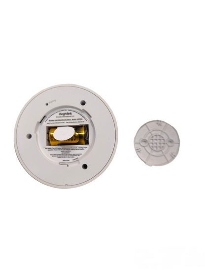 Aegislink Wireless Interlinked Smoke Alarm showing battery compartment and back cover removed