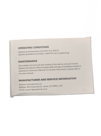 Aegislink Wireless Interlinked Smoke Alarm product box showing operating conditions maintenance and manufacturer information