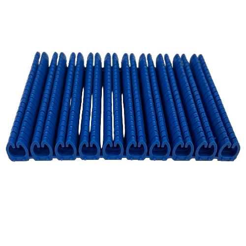 Grippes AZ cable markers for electrical wires blue snap on flexible clip sleeves arranged in rows