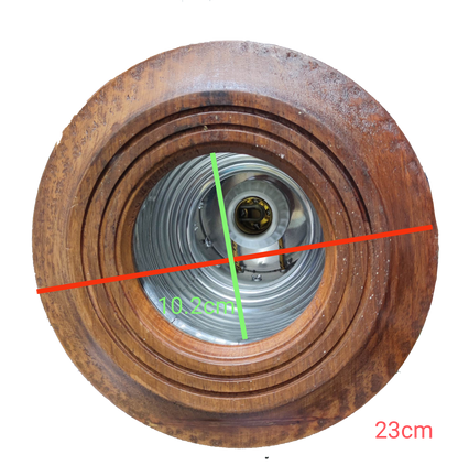 Local wooden border down light fixture with concentric wooden rings and metal inner housing