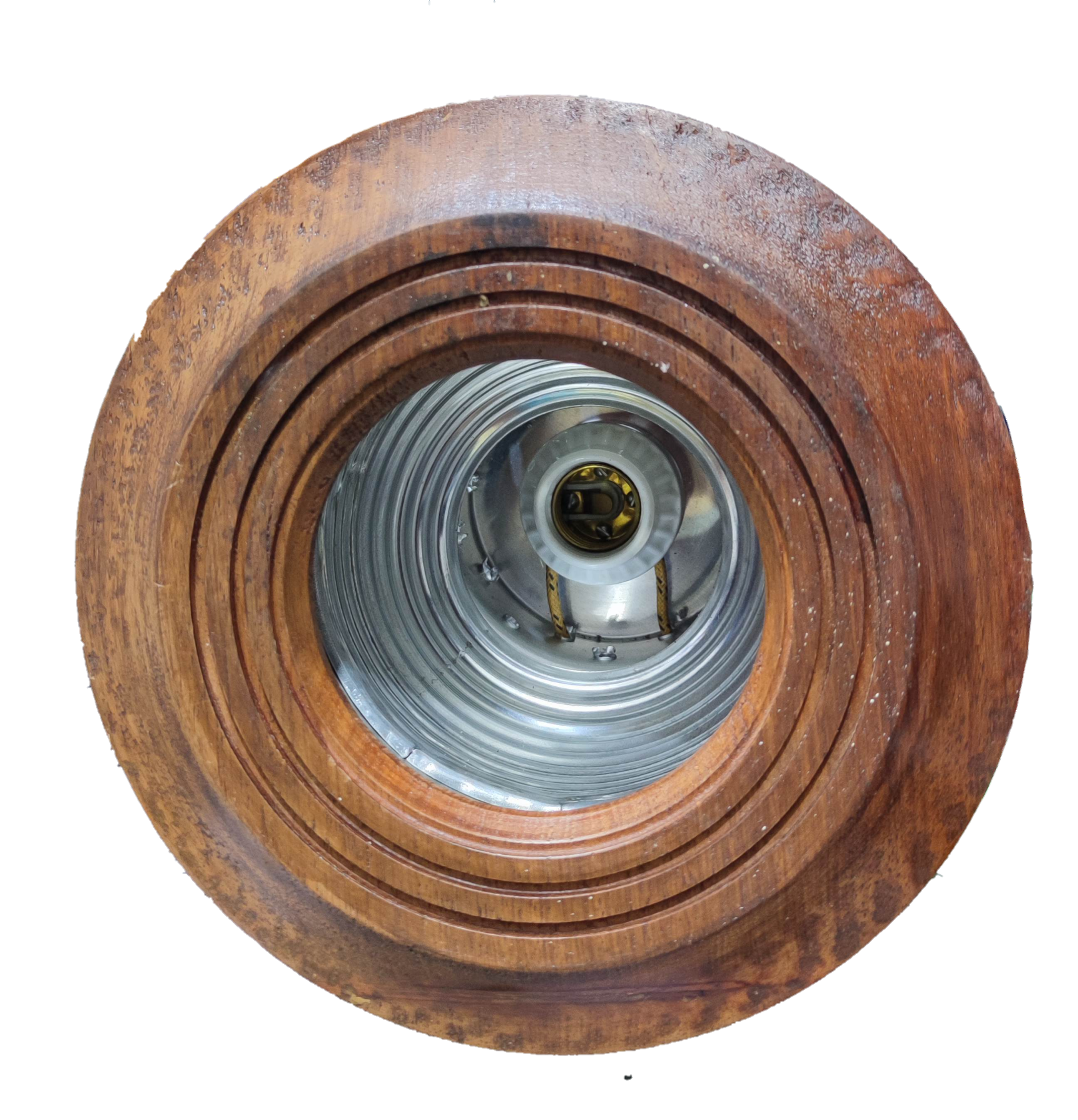 Wooden border down light fixture with circular layered wood design and metallic interior housing
