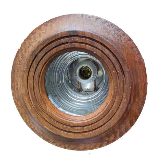 Wooden border down light fixture with circular layered wood design and metallic interior housing