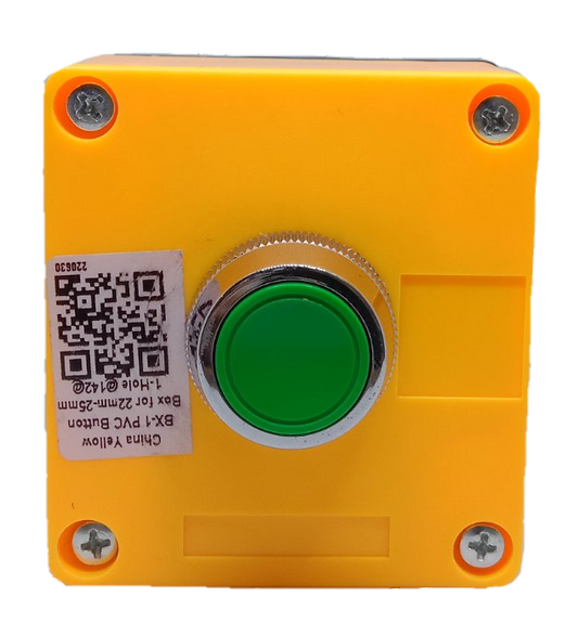 Auspicious green push button switch mounted on a yellow square casing with a QR code label