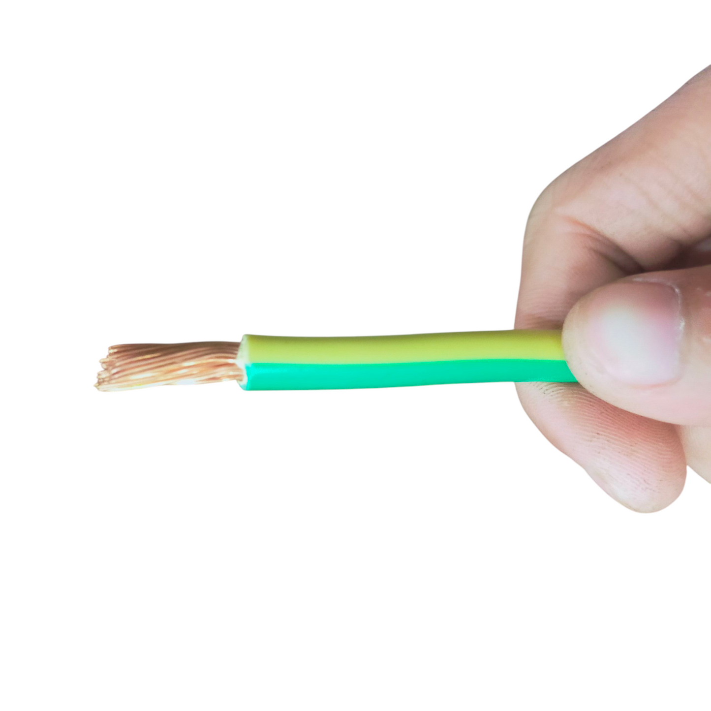 Close-up of yellow green earth wire 90 meters held in a hand for electrical connections