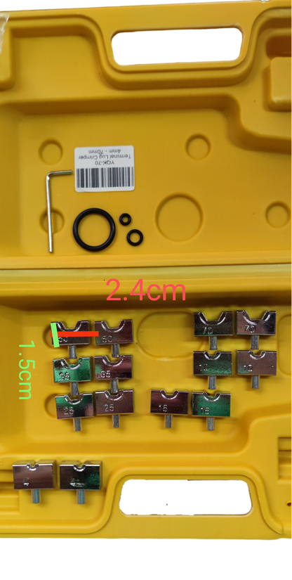Grippes YQK-70 terminal lug crimper 4mm to 70mm components organized in a yellow tool case
