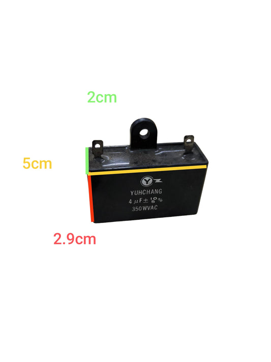 CBB 4uF 350V capacitor electrical component with mounting tab and three terminals