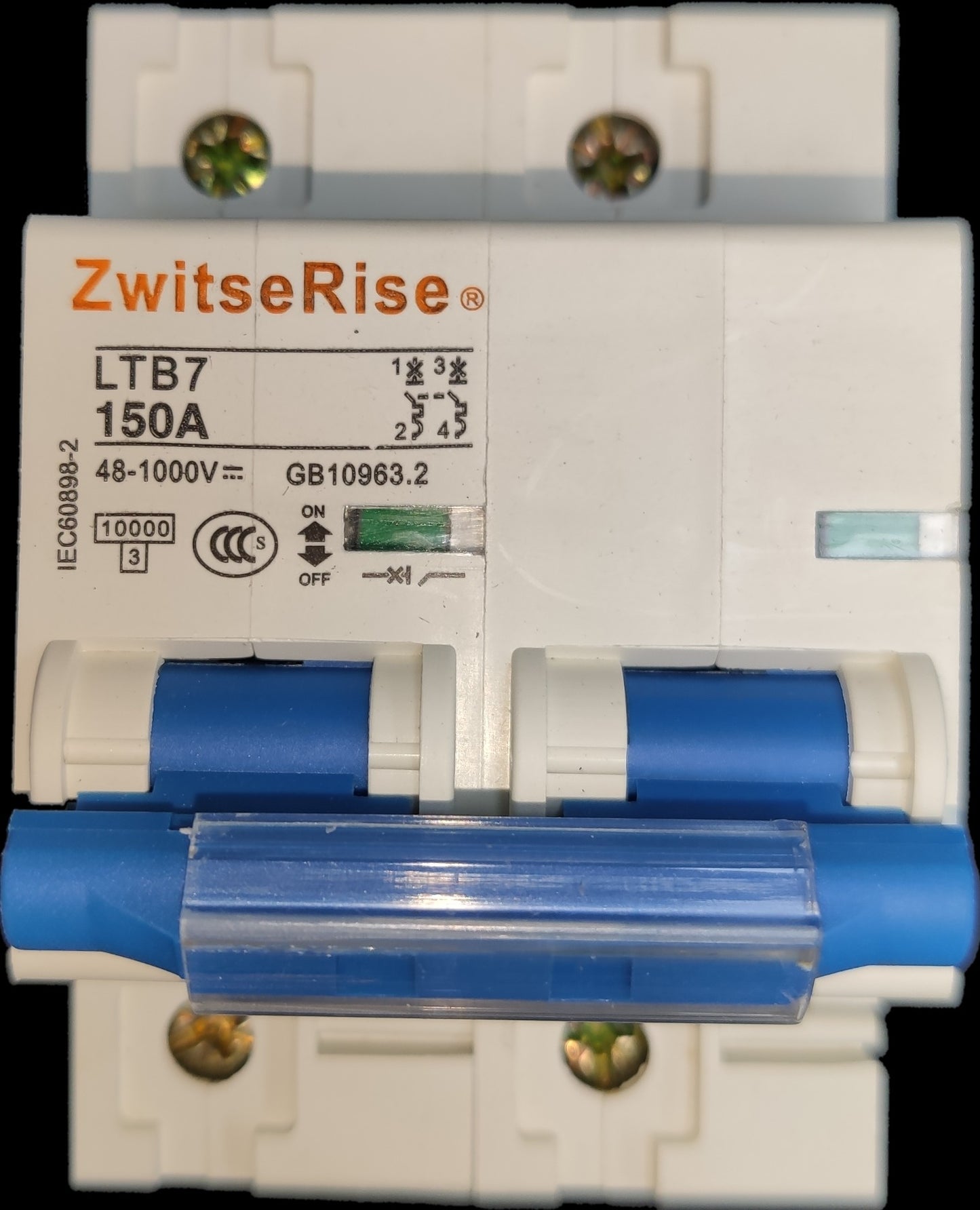 ZwitseRise 150A Miniature Circuit Breaker with clear labeling and blue toggle switch for electrical safety
