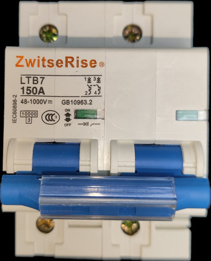 ZwitseRise 150A Miniature Circuit Breaker with clear labeling and blue toggle switch for electrical safety