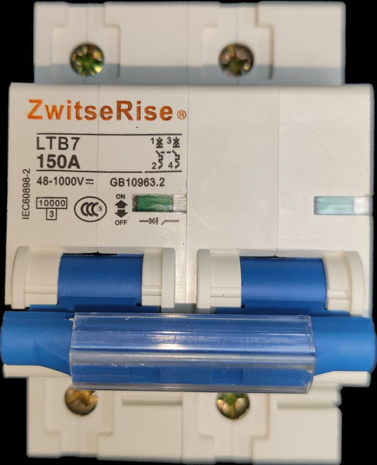 ZwitseRise 150A Miniature Circuit Breaker with clear labeling and blue toggle switch for electrical safety