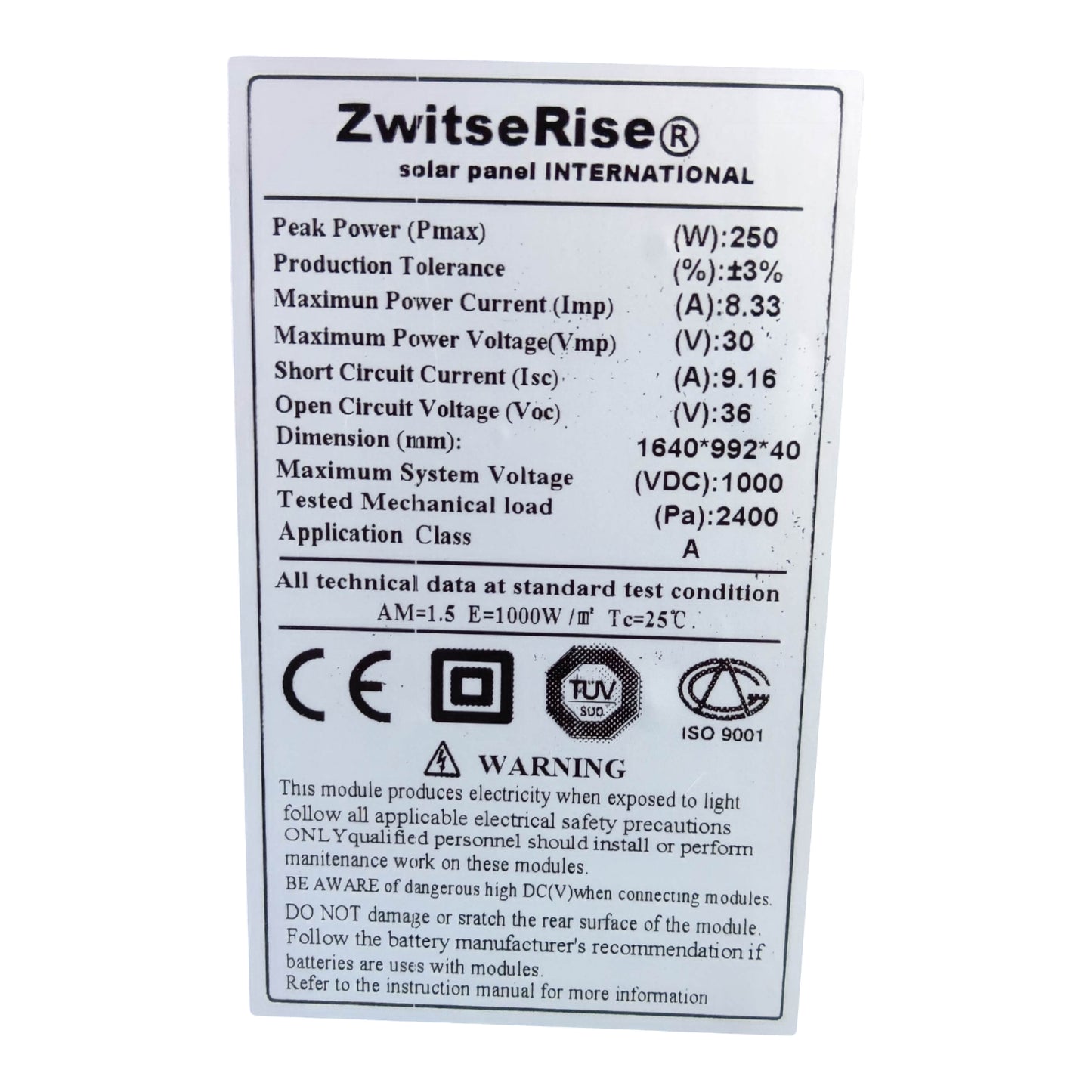 ZwitseRise 250W Solar Panel 1640 x 992 x 40 mm specification label showing power and voltage details
