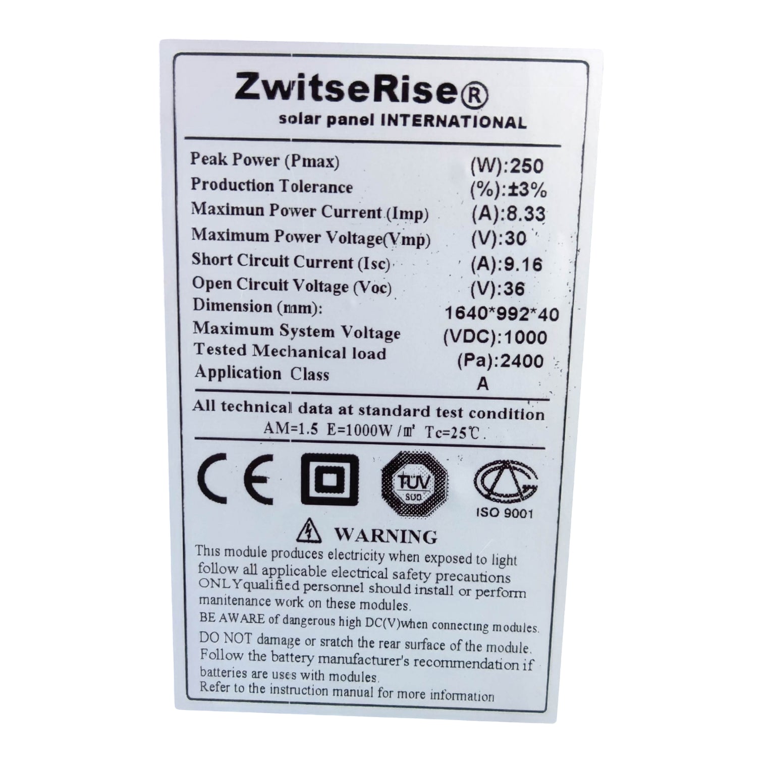 ZwitseRise 250W Solar Panel 1640 x 992 x 40 mm specification label showing power and voltage details
