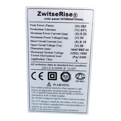 ZwitseRise 250W Solar Panel 1640 x 992 x 40 mm specification label showing power and voltage details