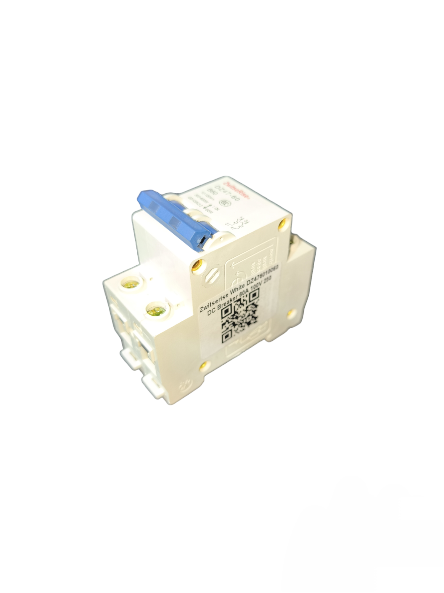ZwitseRise 60A 2P DC Circuit Breaker with blue switch and white body for electrical protection
