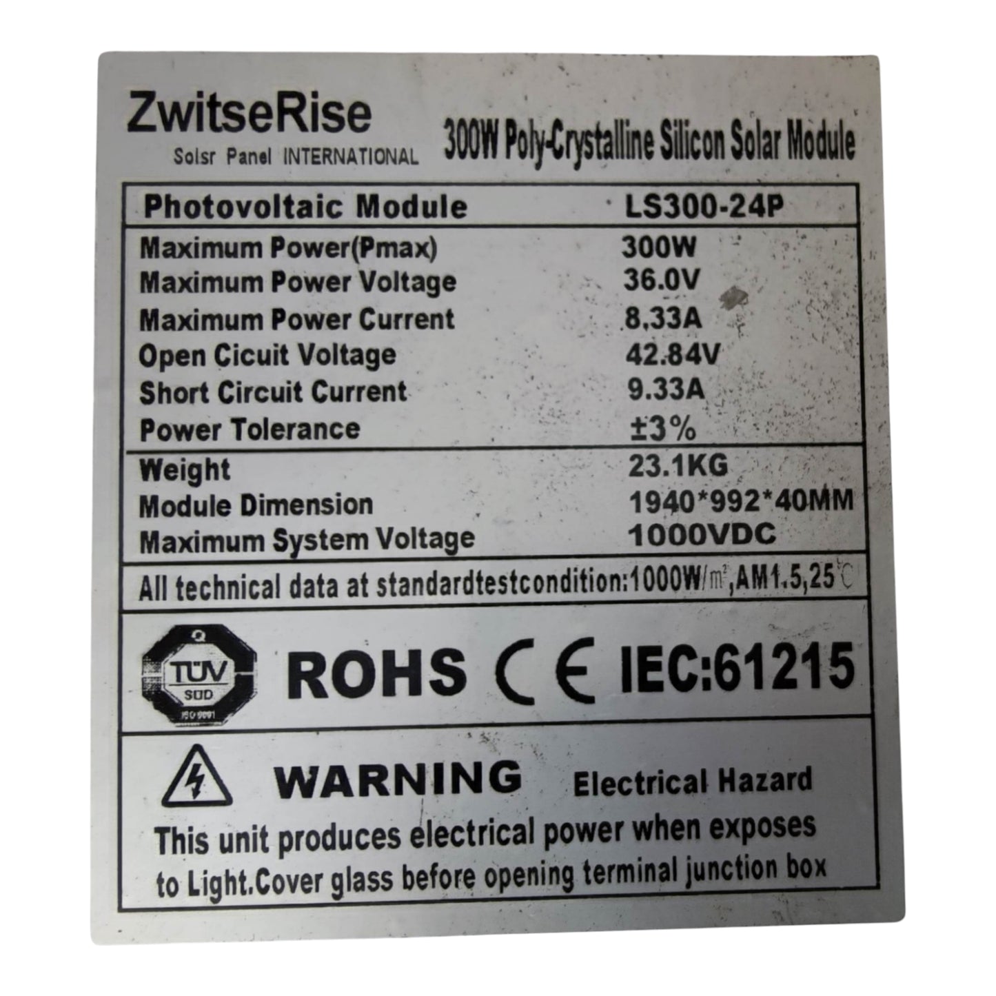 ZwitseRise 300W Solar Panel 1940 x 992 x 40 mm specifications label detailing power and voltage features